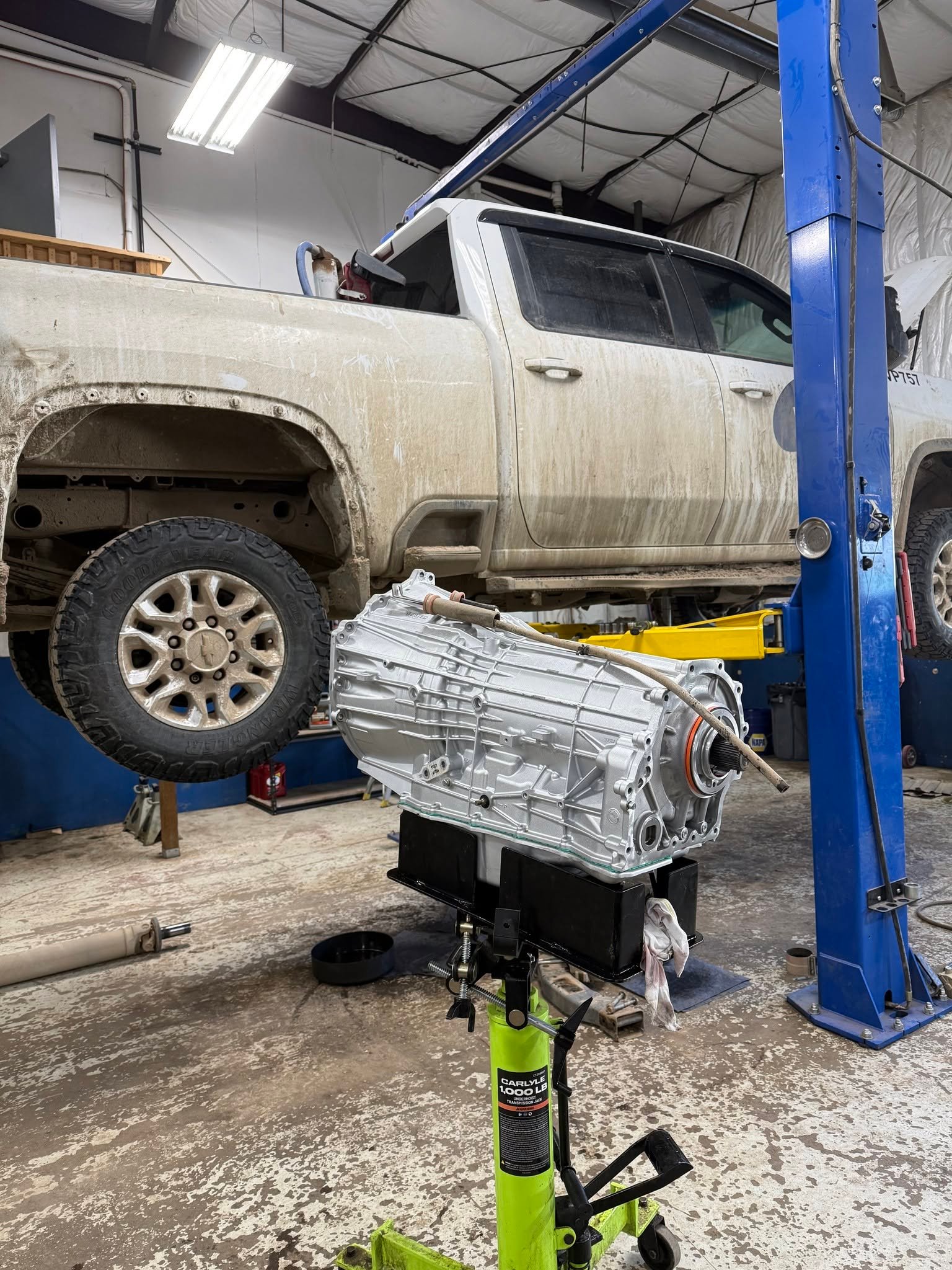 Transmission service work inside the shop