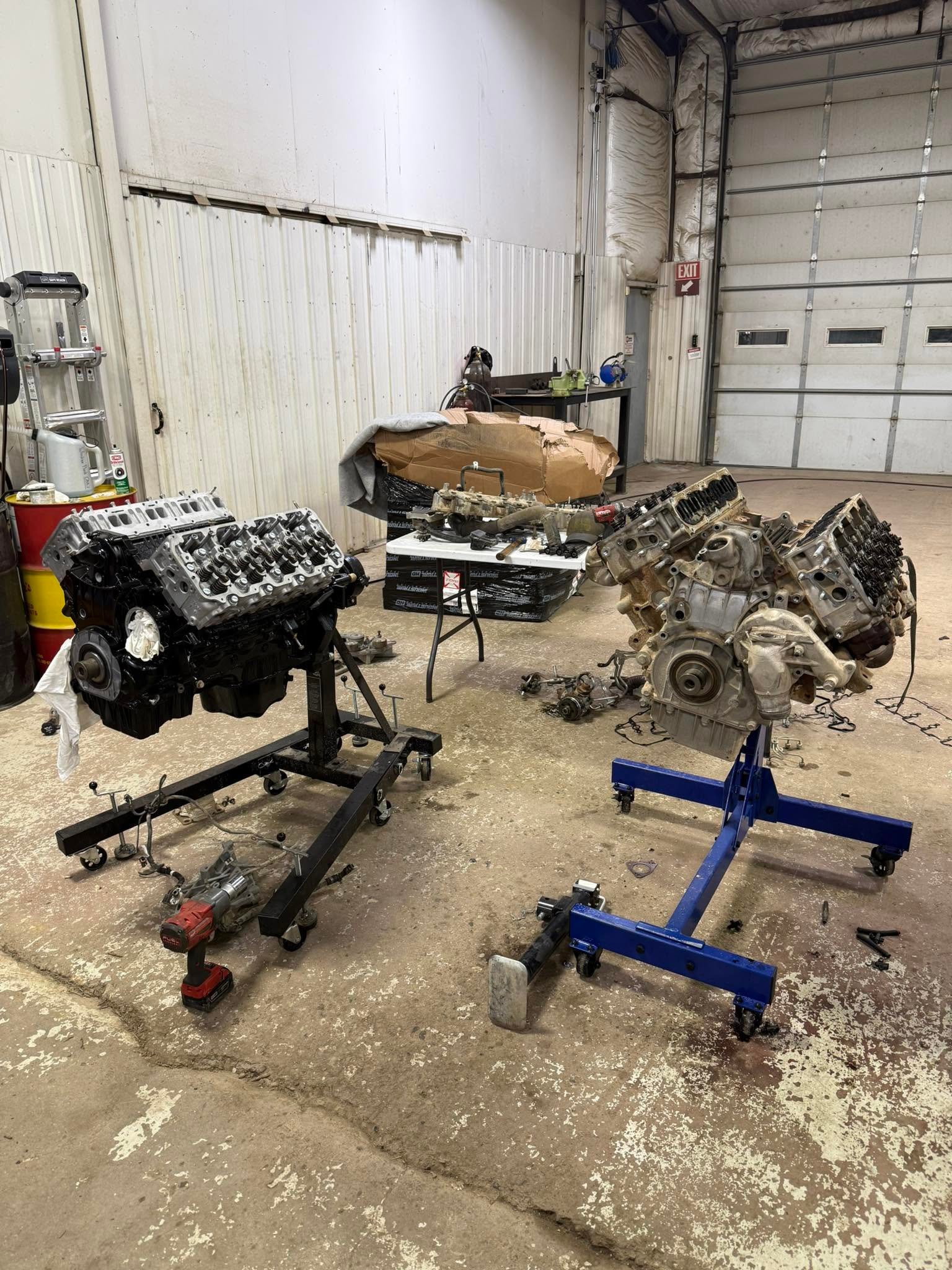 Engines staged for repair in the shop